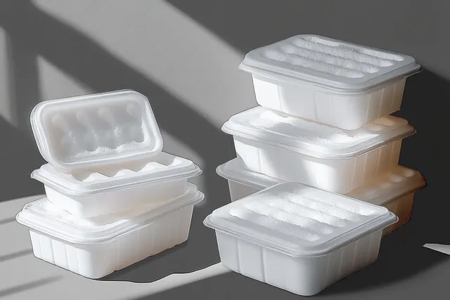 Stacked white polystyrene food containers with lids on a gray surface under soft light and shadows.