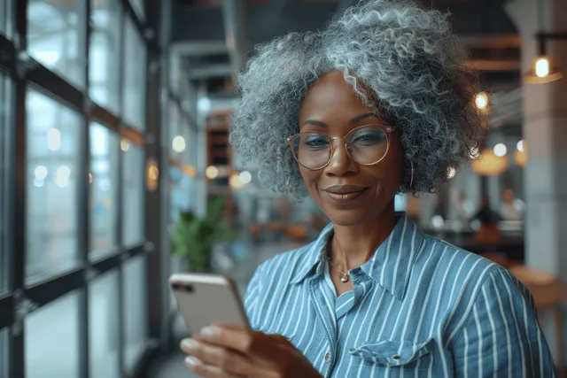 Smiling middle-aged manager holding a smartphone in a modern office hallway next to a glass wall.