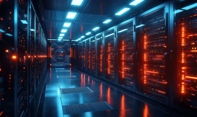 A data center corridor lined with illuminated server racks glowing blue and orange under bright ceiling lights.