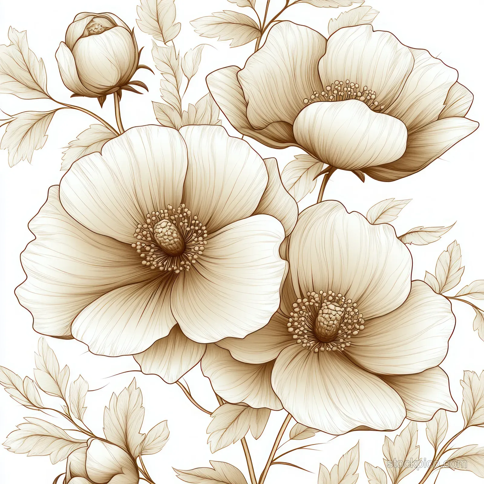 Monochrome vintage floral arabesque seamless pattern with cream blossoms, curled leaves, and decorative swirls on a light background.