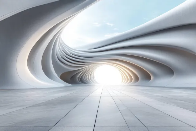 A minimalist curved white tunnel leads to a glowing light under blue daylight sky.