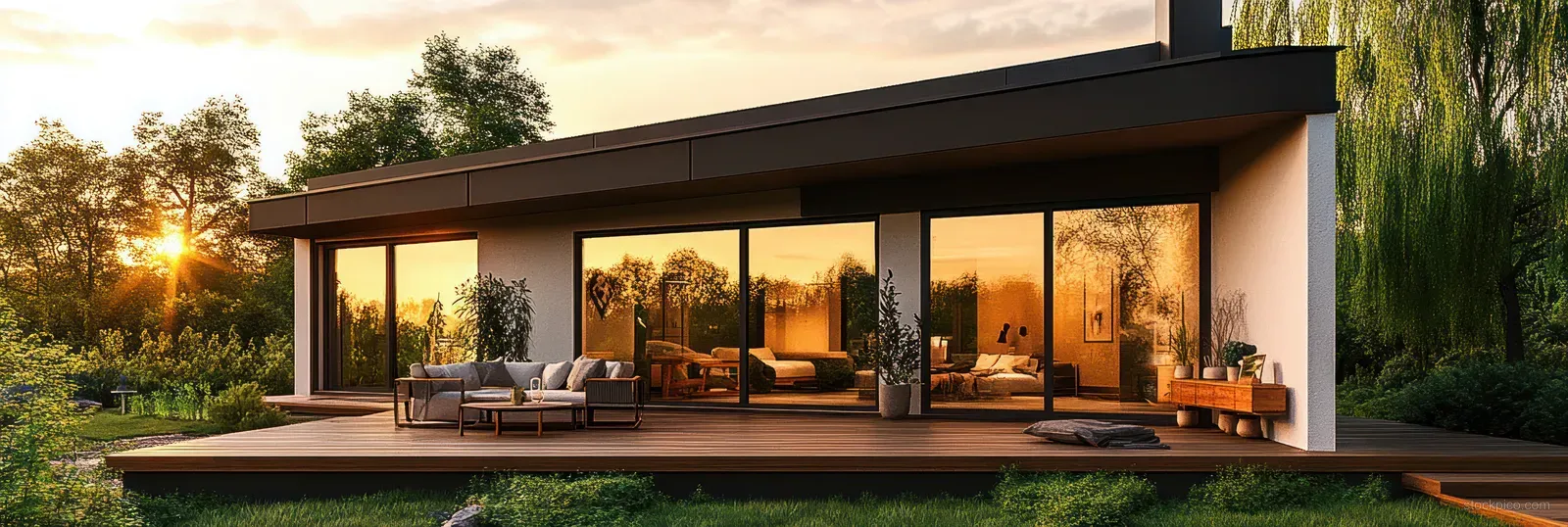 Sunset-lit modern house terrace with outdoor lounge chairs, lush garden, and glowing interior windows.
