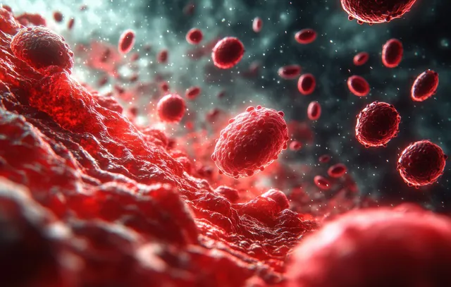 Microscopic scene of red blood cells and cancer-like cells drifting in a dark, glowing background.