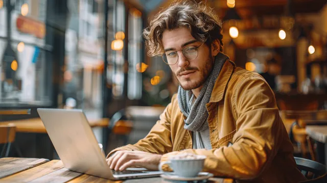 Un joven escribe en una laptop en la mesa de una cafetería con una taza de café y cálidas luces bokeh detrás.