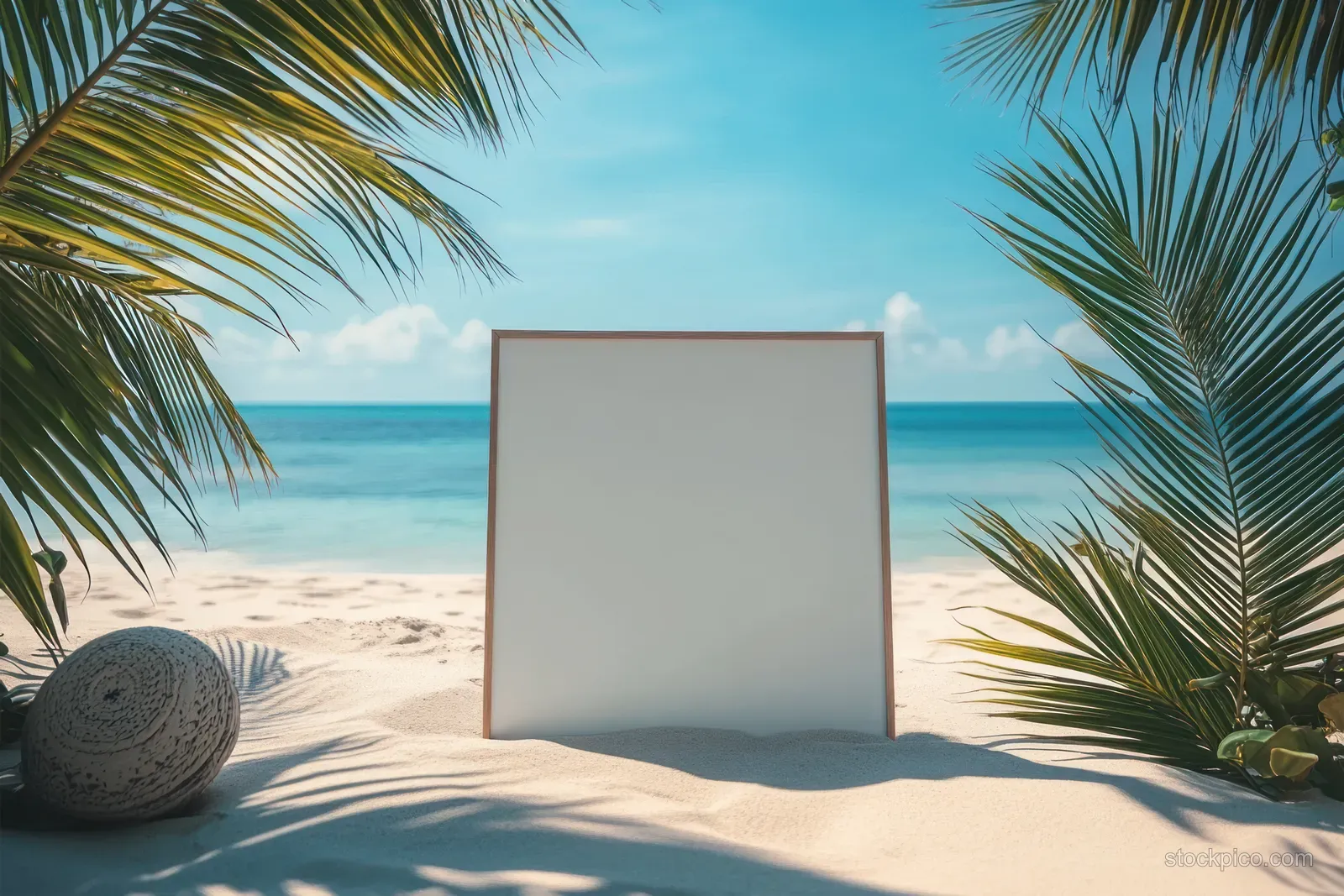 Blank poster board on a tropical beach, framed by palm leaves with ocean water and blue sky behind it.