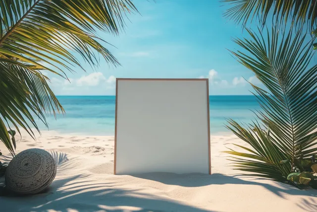 Blank poster board on tropical beach with palm leaves framing calm ocean and sand