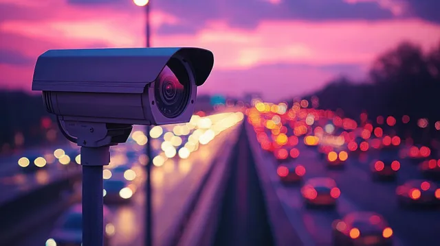 A surveillance camera overlooks a highway at dusk with blurred colorful car lights beneath a purple-pink sky.