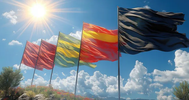 American flag waves on flagpoles with colorful sunset clouds and bright sun behind.