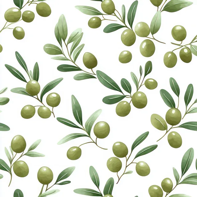 Seamless repeating pattern of green olive branches and leaves on a white background.