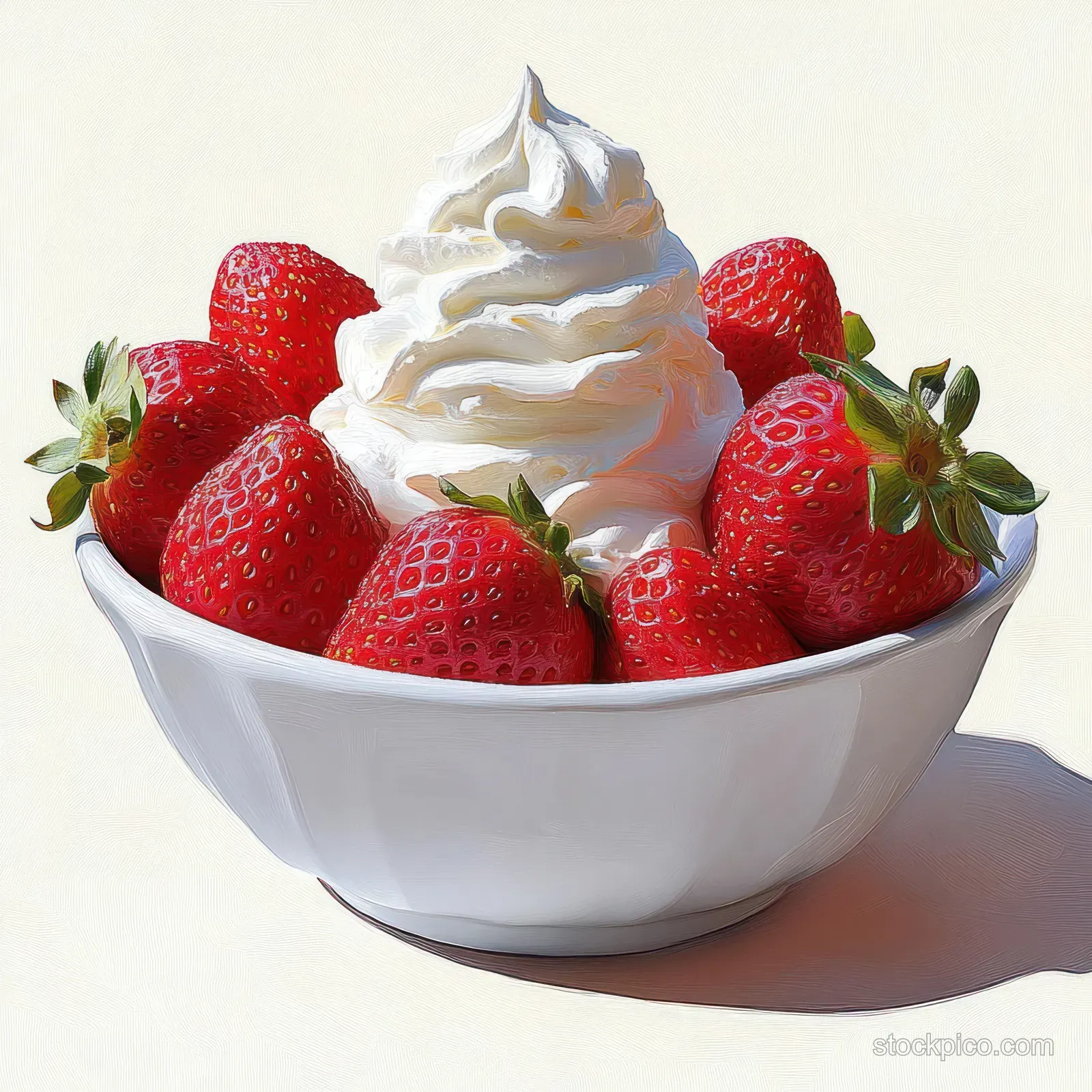 Fresh red strawberries and a swirl of whipped cream in a white bowl on a neutral background.