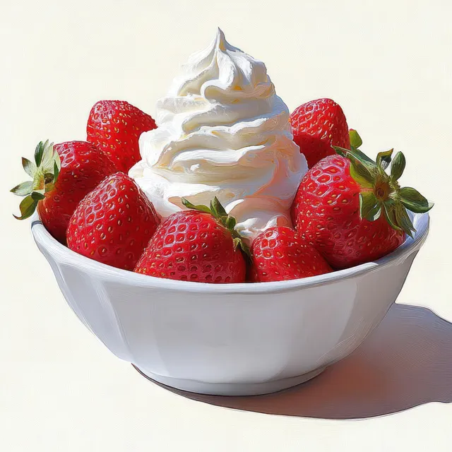 White bowl of strawberries with whipped cream swirl on neutral background
