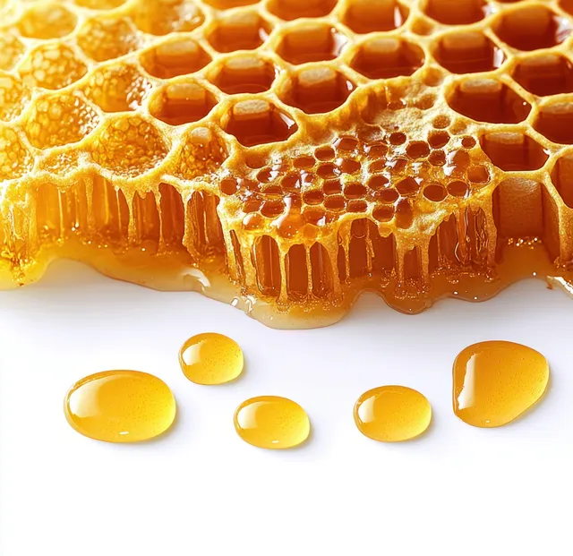 Macro honeycomb slab with golden honey droplets on white background