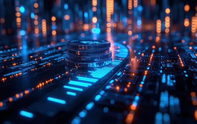 Blue coin stack balances on glowing finance chart lines over futuristic city data grid