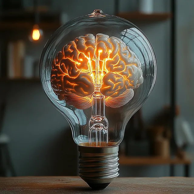 Glowing light bulb with brain filament, suggesting ideas and cognition on a wooden table
