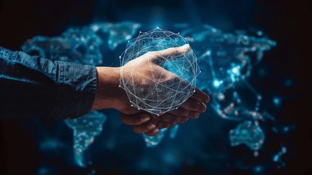 Handshake with digital global network map overlay and blue financial chart