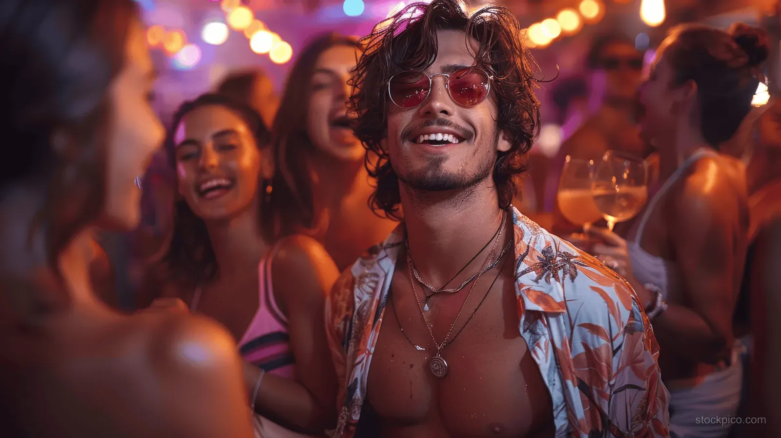 A smiling young man dances in a neon nightclub while friends celebrate behind him under colorful lights.