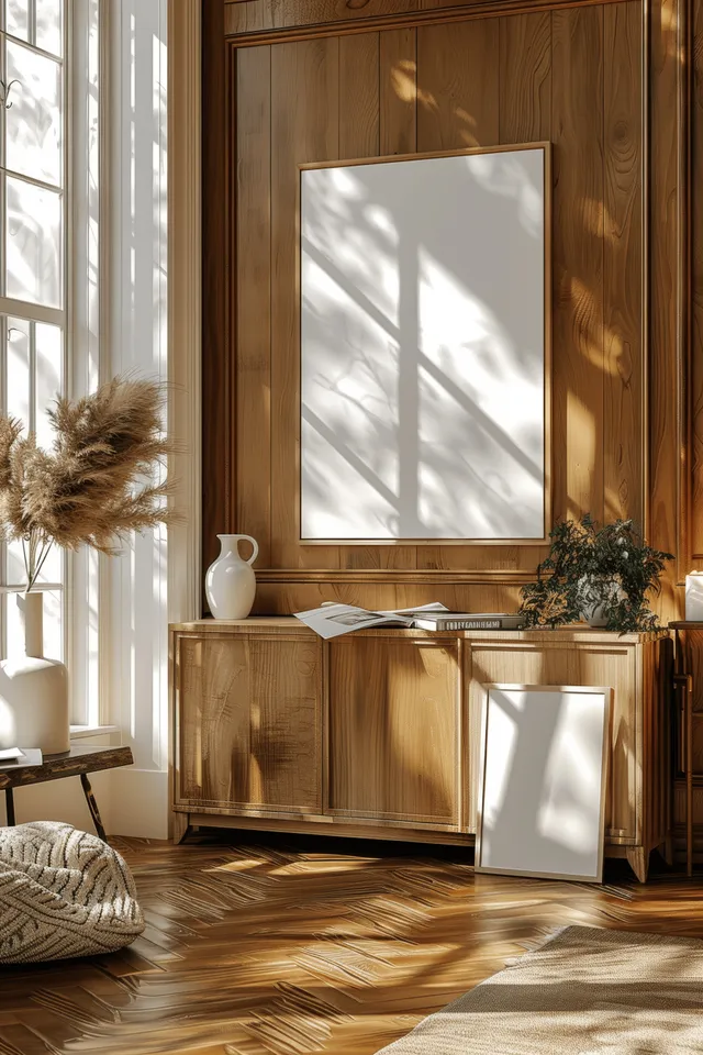 Minimalist Scandinavian living room corner with a wooden sideboard, framed poster, and warm sunlight from a window.