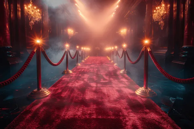 A pink-red carpet stretches toward a glowing movie premiere doorway with paparazzi flashlights and golden lights.