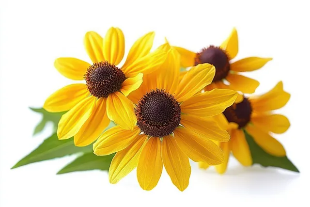 Two yellow coneflowers with dark brown centers and green leaves on a white background.
