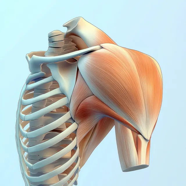 Human shoulder anatomy render showing deltoid muscles, scapula, and clavicle in side view
