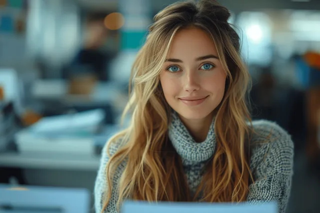 A smiling businesswoman shakes hands with a client in a bright office reception with blurred background lights.