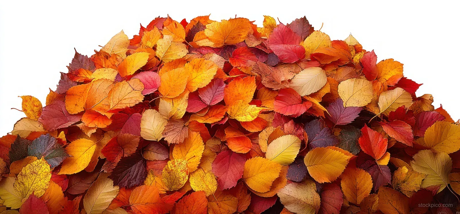 A pile of colorful autumn leaves on a white background.