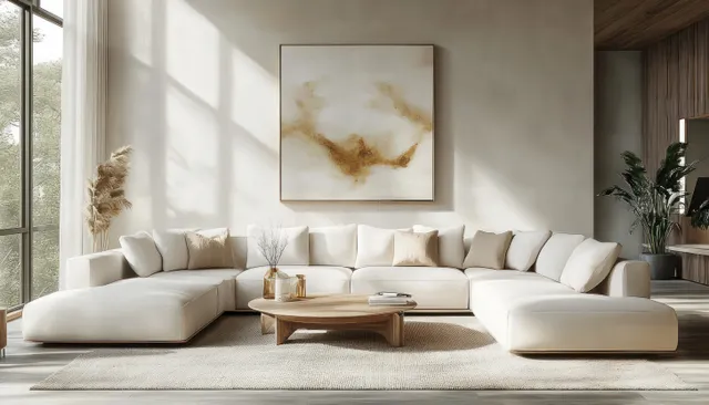 Bright modern living room with white sectional sofa, wooden coffee table, abstract wall art, and daylight from floor-to-ceiling windows.