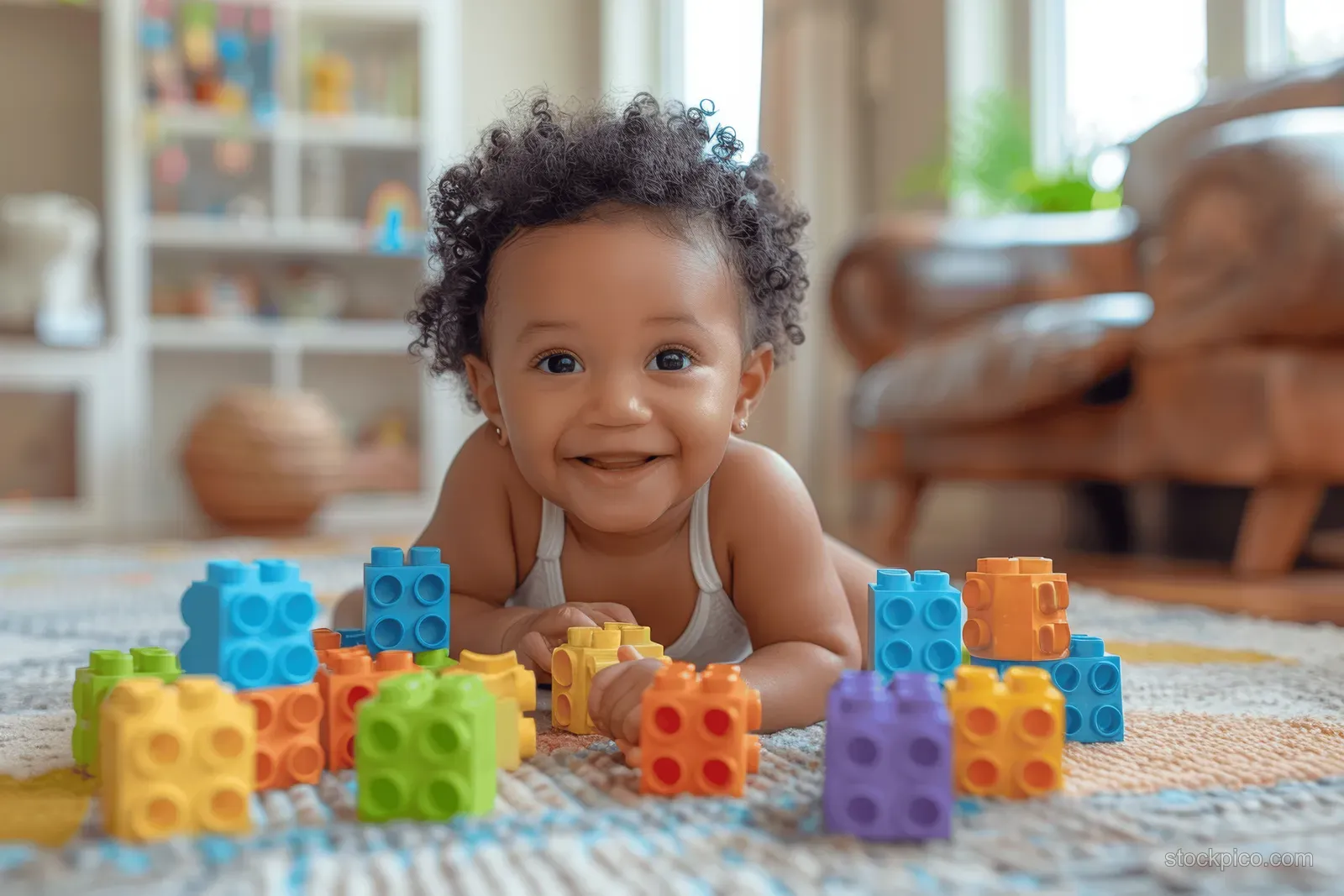 Smiling toddler arranging colorful wooden blocks on a living room rug with soft toys in background.