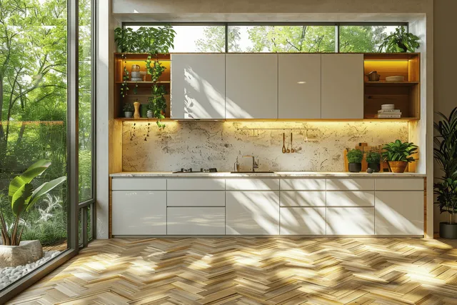 Sunlit modern kitchen with tall windows, white cabinets, marble counter, herringbone floor