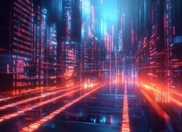 Neon cyberpunk server corridor with Ethernet cables and flowing data streams