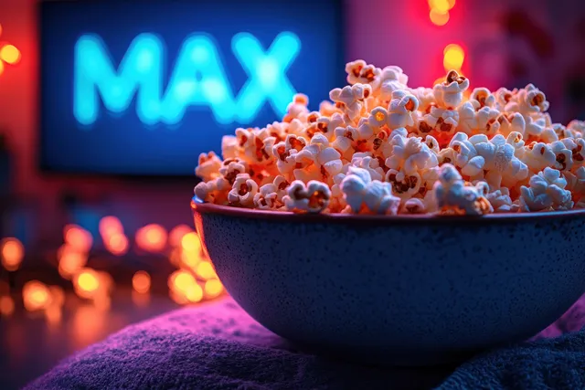 A bowl of popcorn sits on a couch table while a glowing TV screen creates warm background light.