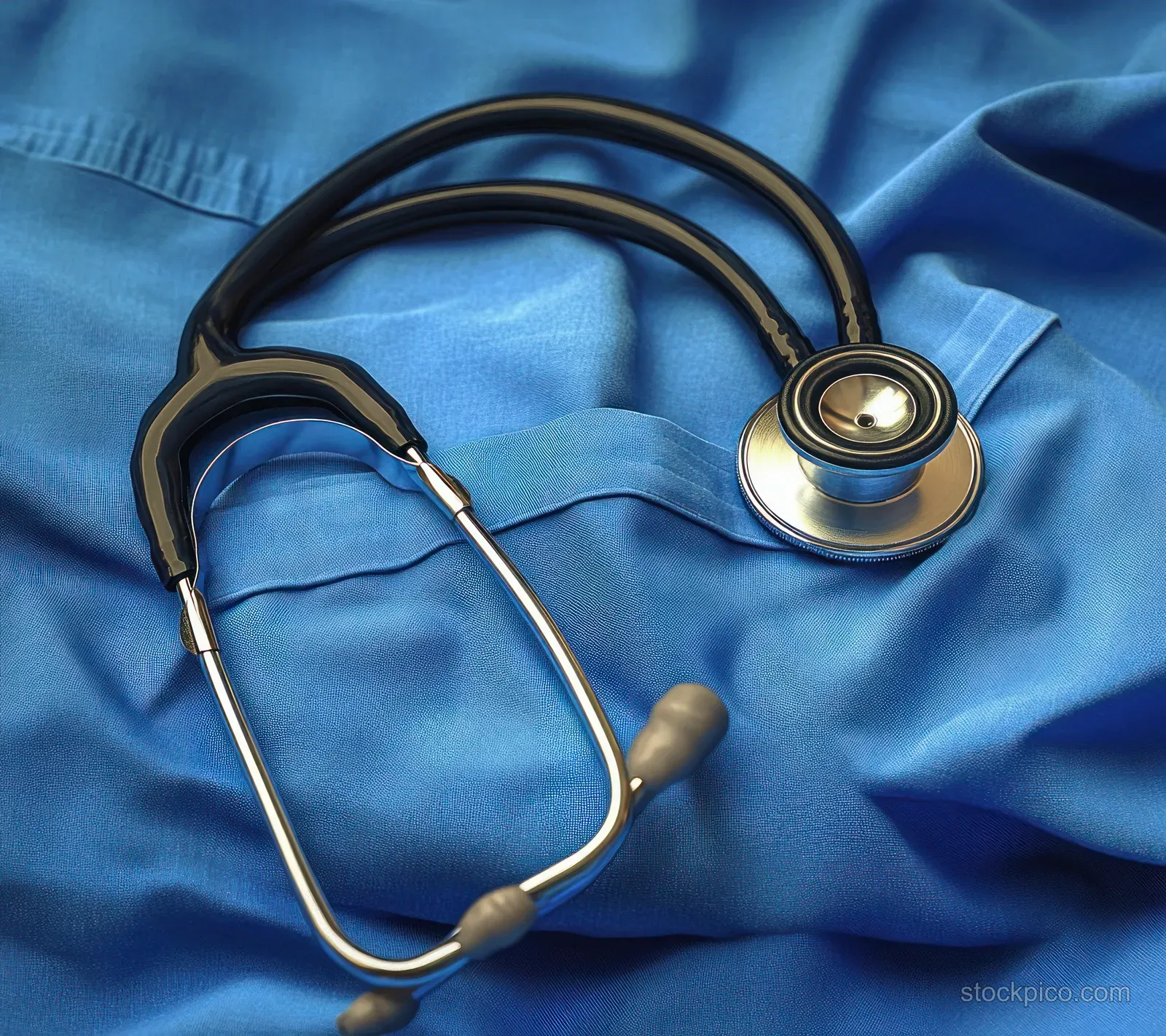 Black-and-silver stethoscope lying on blue medical scrubs fabric with the chest piece and tubing visible.