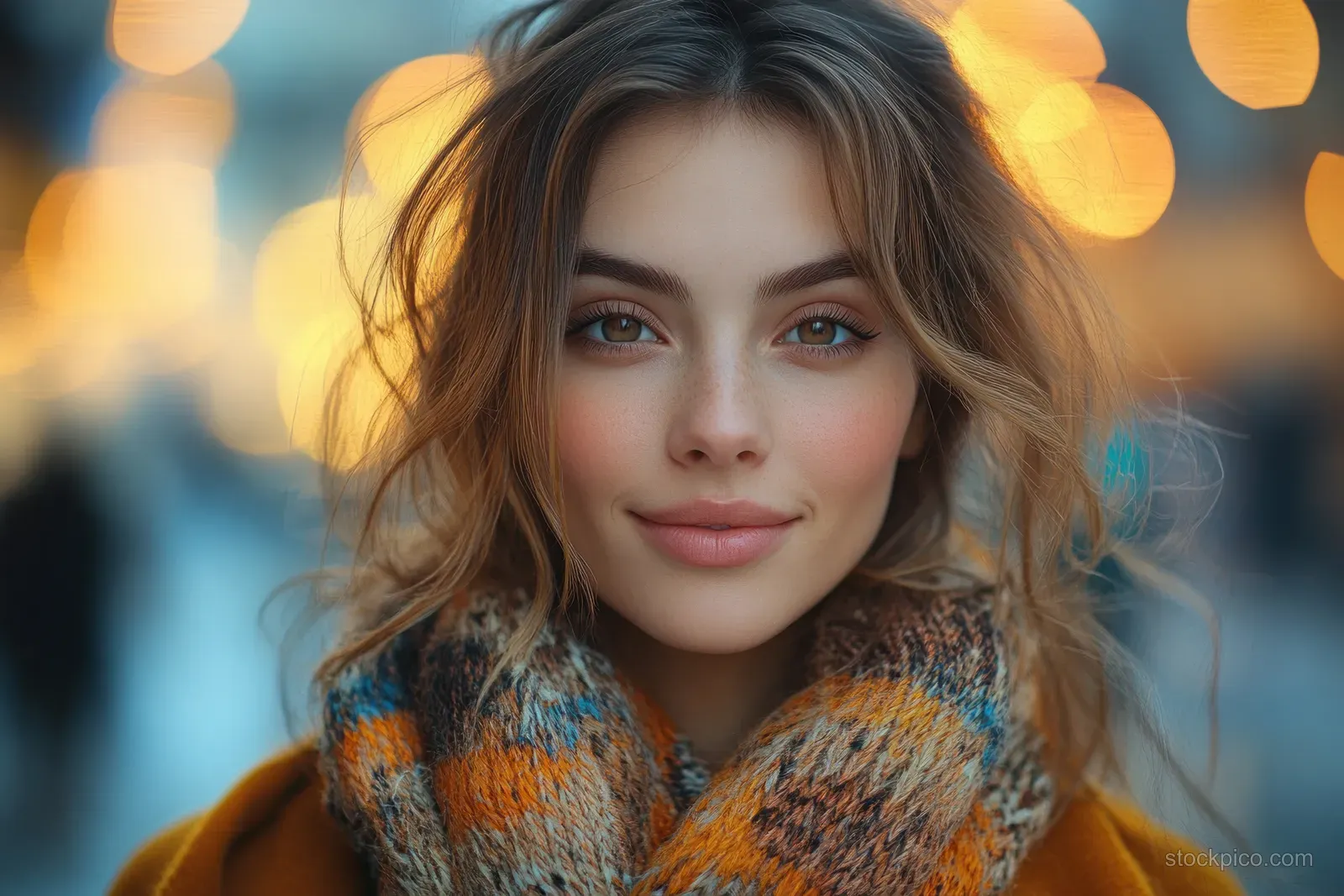 Young woman in a mustard coat smiles while looking at her smartphone on a city street at dusk.