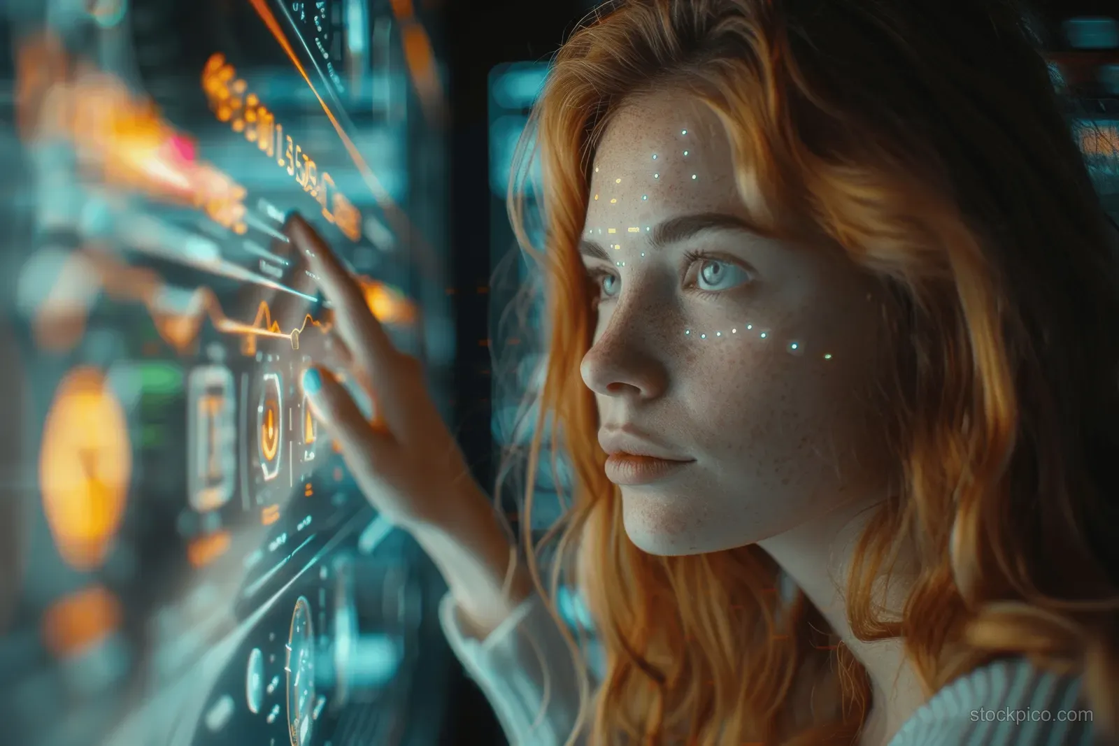 A businesswoman points at hologram charts while reviewing data on futuristic office screens.