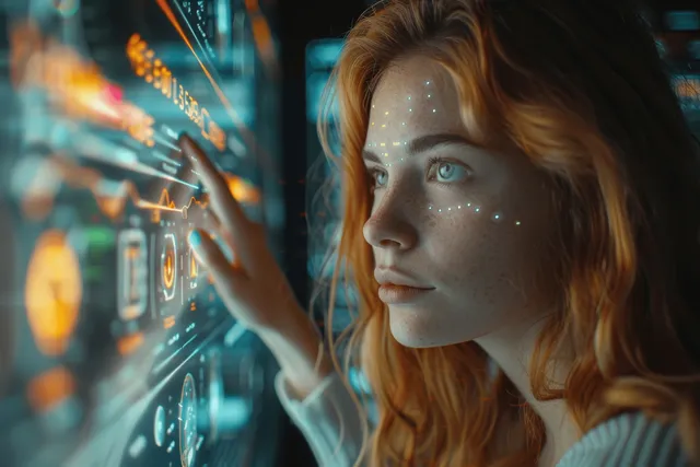 Businesswoman reviewing hologram charts in futuristic office, pointing to projected data dashboards