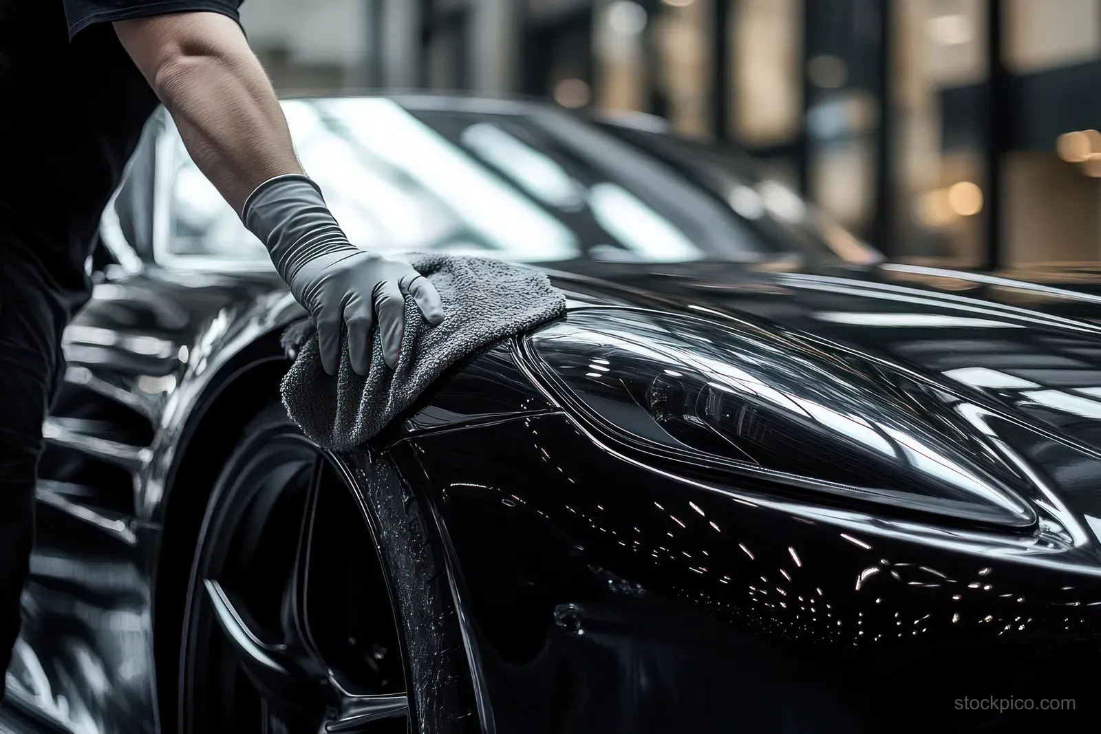 A gloved person wipes a black sports car hood with a microfiber cloth indoors.