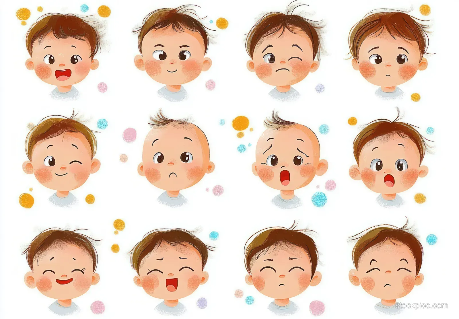 Collage of a baby character showing different facial expressions like smiling, crying, and happy laughing.