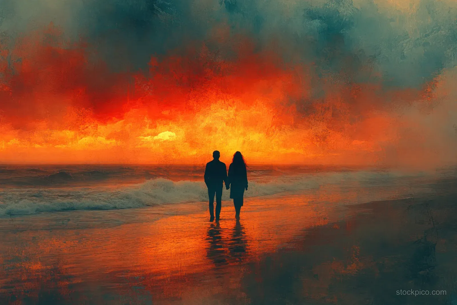 Silhouetted family walking hand in hand on a beach as the sky glows orange at sunset.