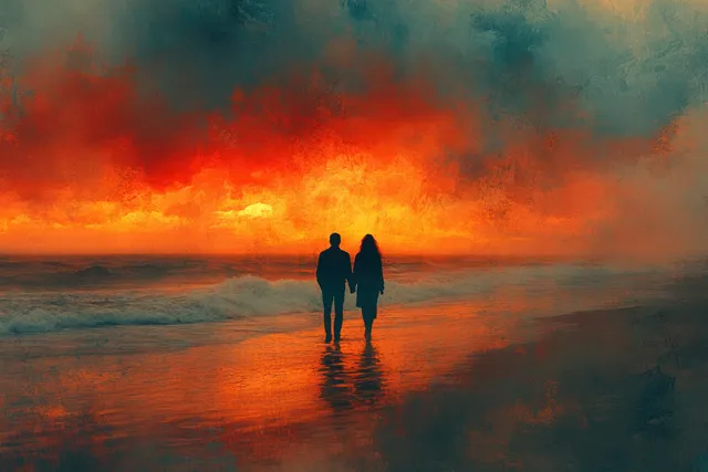 Family silhouettes walking hand in hand along beach at vivid sunset horizon