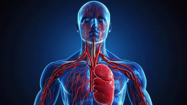 Glowing 3D model of the heart with red arteries and blue veins spreading through the neck, head, and upper chest.