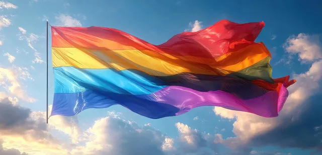 Rainbow pride flag waving against cloudy sky at sunset