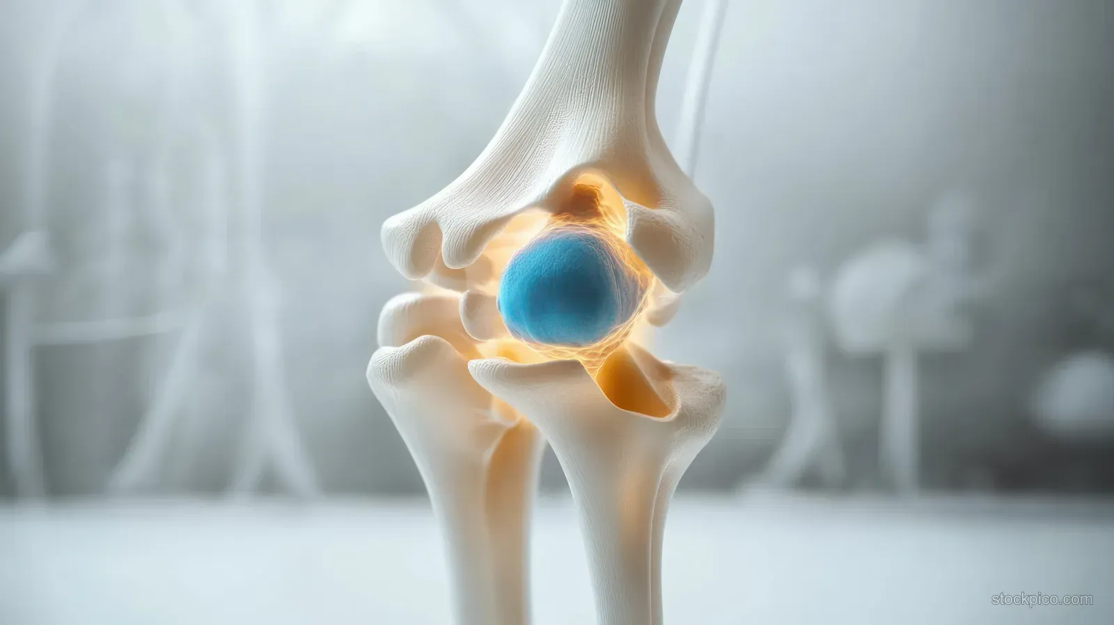 3D anatomical knee joint model with highlighted blue meniscus and cartilage on a softly blurred background.