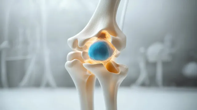 3D render of a human knee joint showing cartilage and blue meniscus on soft bokeh background