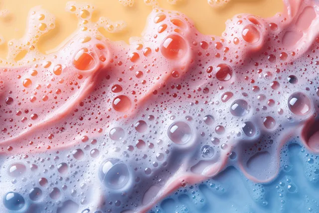 Pastel soapy foam with bubbles on pink and blue wave-like surface, closeup