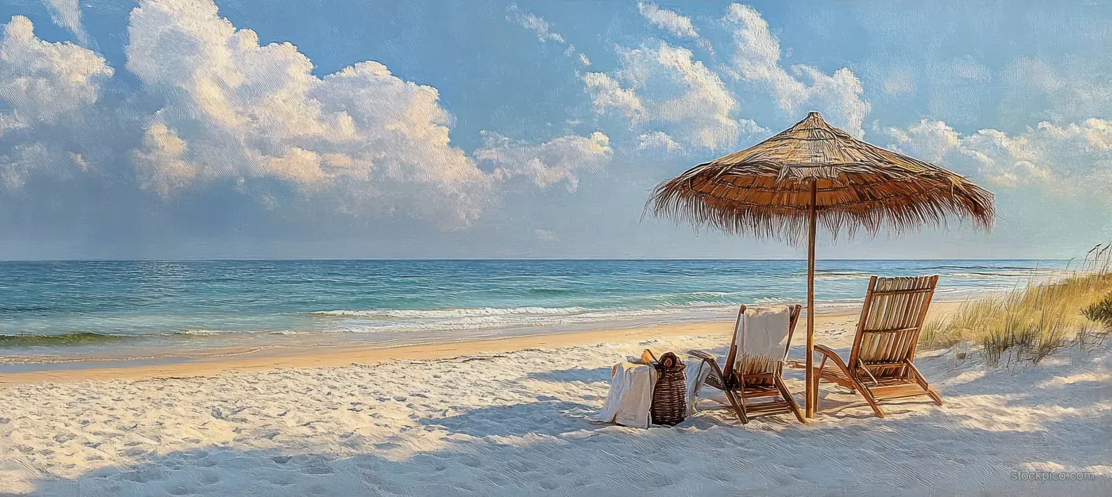 Bamboo thatched umbrella shading two lounge chairs on white sand near calm turquoise waves.