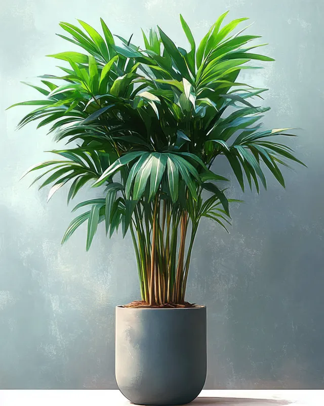 Tall green leafy houseplant in a gray cylindrical pot against a light gray textured wall with soft natural shadows.