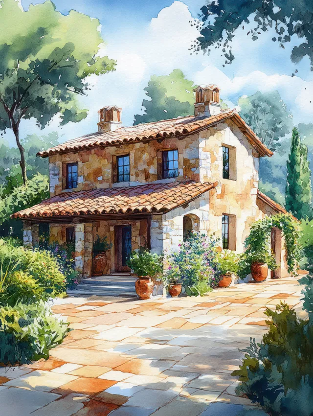 Watercolor villa with terracotta roof and stone patio surrounded by green plants and trees under a summer sky.