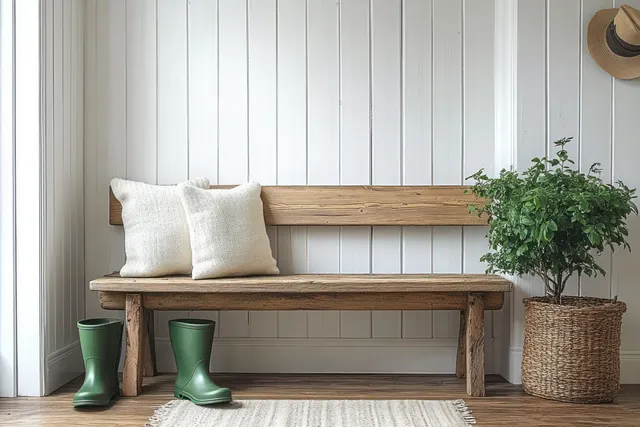 Cozy Scandinavian entryway with a rustic wooden bench, green boots, pillows, and a potted plant.