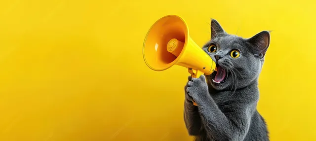 Energetic grey cat shouting into a megaphone on a bright yellow background.