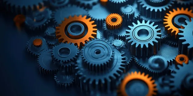 Interlocking metallic gears with blue and orange highlights fill the frame, showing detailed gear teeth.